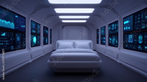 A futuristic bedroom with a sleek white bed surrounded by multiple glowing digital screens displaying data and graphs on the walls.