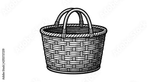 Фотография Tall woven basket with handles in stipple illustration.