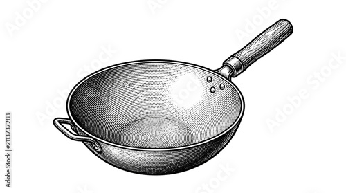 Fotografie Traditional Asian wok with long wooden handle