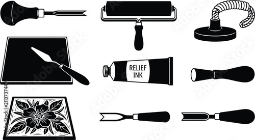 Принти на полотні Printmaking Tools Vector Set with Relief Ink Tube Brayer Roller and Carving Goug