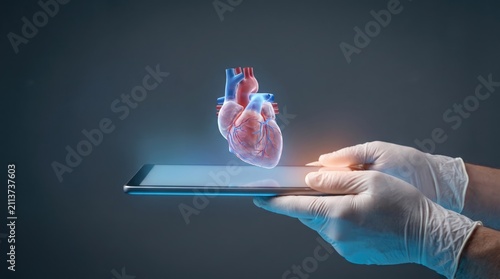 Digital heart model displayed on smartphone screen with medical gloves with digital health application medical technology device medical research tools person wearing medical medical simulation