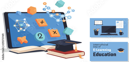Obraz na płótnie Online Education Vector Concept with Laptop Graduation Cap Books and Math Scienc