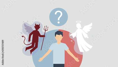 Young man standing between an angel and a devil with a question mark above, representing moral dilemma, ethical choices, and decisions.