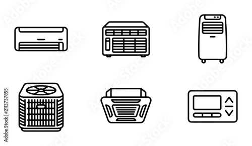 Air Conditioning Icons Set, HVAC Equipment Vector Graphics, Climate Control Symbols, Home Comfort Technology
