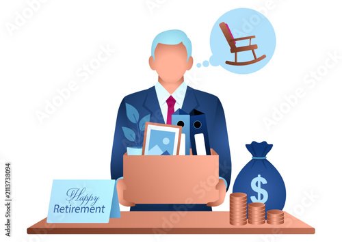 Illustration of a retiring employee with pension, savings, box of personal belongings, and thought bubble of rocking chair. Ideal for HR and retirement concepts.