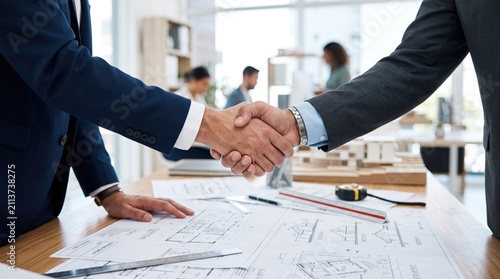 Businesspeople shake hands over architectural blueprints in modern office environment with depicts two professionals shaking hands bright contemporary office architectural plans table meeting room
