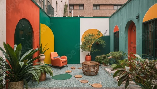 Colorful Outdoor Space With Furniture and Plants in Urban Setting