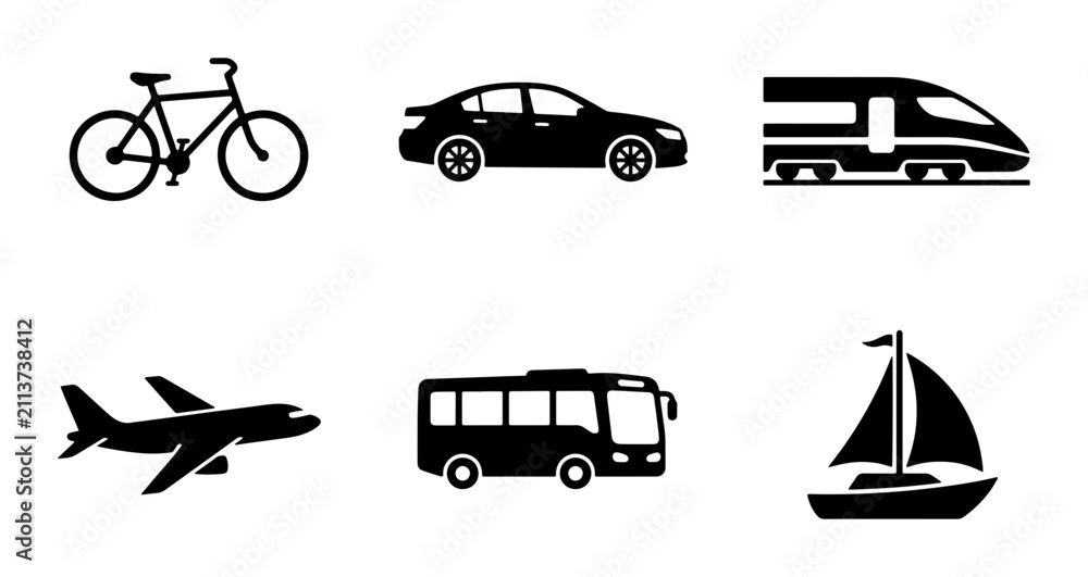 Obraz premium Transportation Icons: Bicycle, Car, Train, Airplane, Bus, Sailboat Vector Set