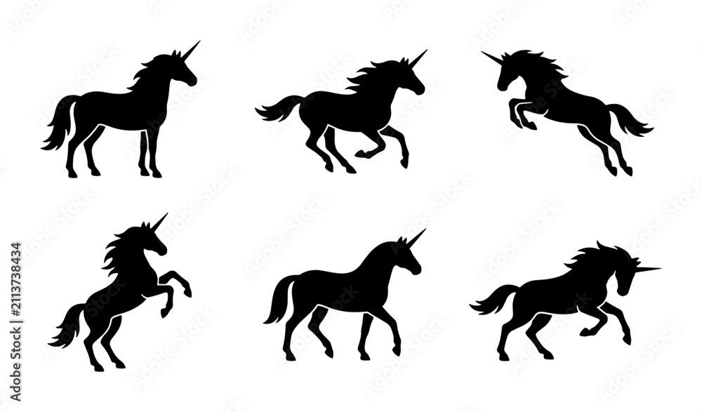 Obraz premium Black Unicorn Silhouettes, Mythical Horse Poses, Fantasy Creature Vector Set