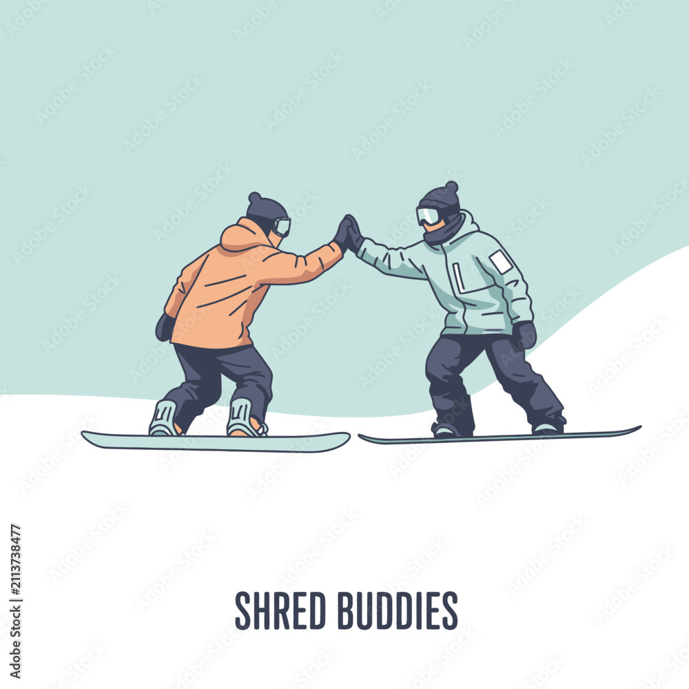 Fototapeta premium Two Snowboarders High Five On Snowy Slope Celebrating Success And Friendship