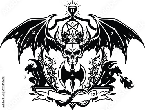 Cuadro en lienzo Gothic Fantasy Crest Vector Illustration – Horned Skull with Crown, Bat Wings, D