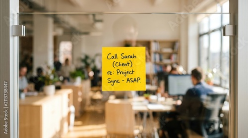 Bright yellow sticky note on glass wall with business reminder for client call with professional environment corporate communication workspace organization professional setting digital workspace