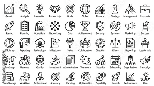 Modern business icons set, 50 corporate line icons for startup and management, professional black outline symbols for marketing and finance