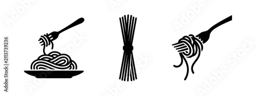 Cuadro en lienzo Spaghetti Pasta Icons - Noodle on Fork, Plate and Bundle Silhouettes