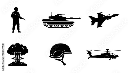Принти на полотні Military Icons Set: Soldier, Tank, Jet, Helicopter, Helmet, Nuclear Explosion Ve