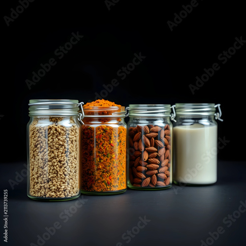 Four glass jars with spices...