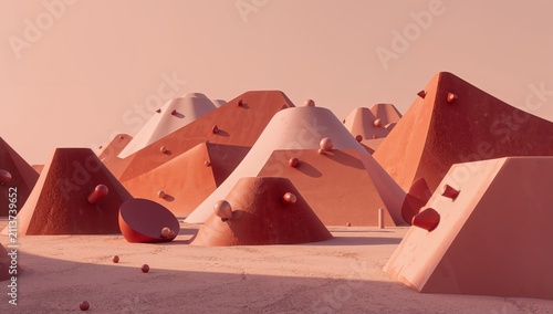 Red Hill Landscape With Geometric Shapes and Objects During Daylight