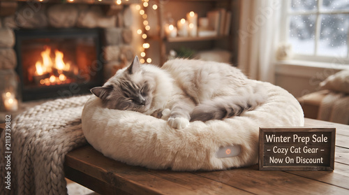 Cozy pet bed with dog resting by fireplace. Fluffy white canine lounging on plush cushion near warm hearth.