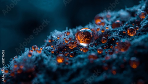 Water Droplets on Dark Surface Reflecting Light