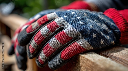 closeup of american flag work gloves for labor day concept