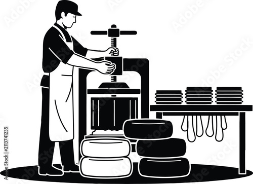 Man operating traditional fruit juice pressing machine with large containers