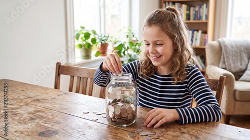 Young girl with curly hair adds coins to a glass jar on a wooden table, surrounded by plants and books in a cozy indoor setting