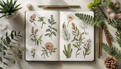 Botanical Sketches and Plants Arranged on a Desk During Daylight