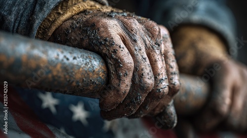 dirty construction worker hand gripping steel pipe