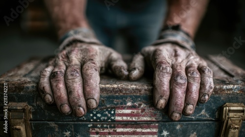 dirty working hands resting on construction tool