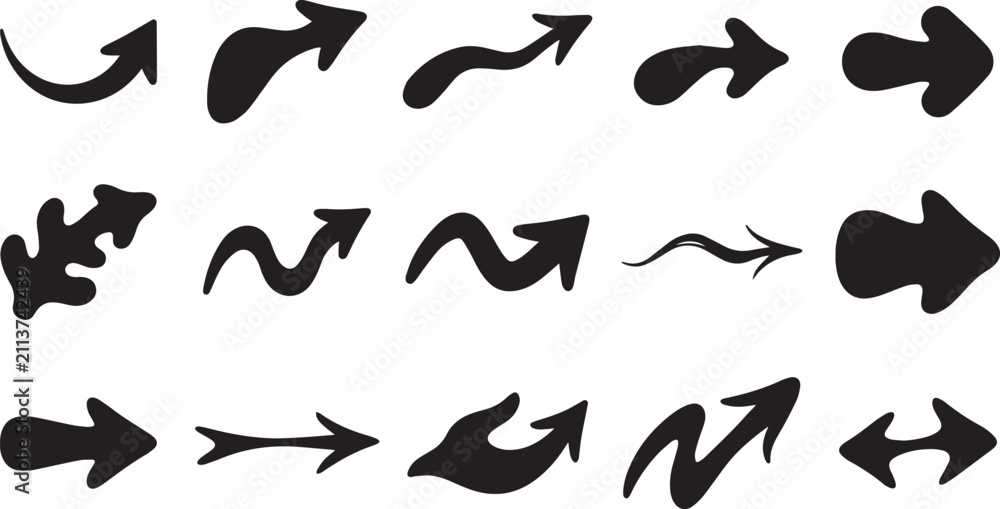Fototapeta premium Collection of hand drawn black arrows with various shapes and styles for design elements on white background