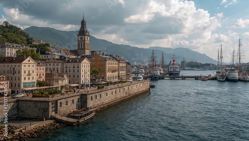 Scenic View of a Lakeside Town With a Clock Tower and Sailing Ships at the Ha...