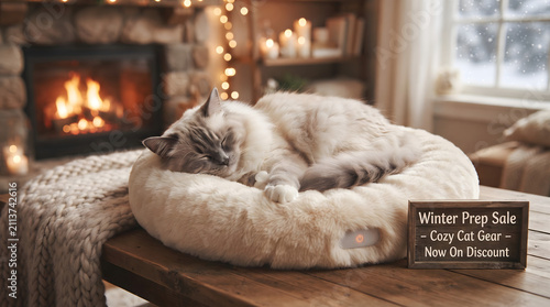Cozy pet bed with dog resting by fireplace. Fluffy white canine lounging on plush cushion near warm hearth.