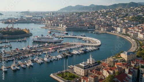 Scenic View of a Lakeside Town With a Clock Tower and Sailing Ships at the Ha...