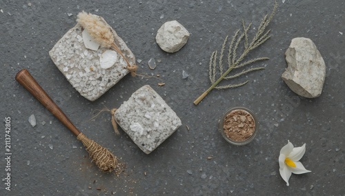 Different Natural Materials Arranged on a Dark Stone Surface for Crafting and...