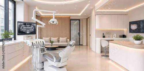 Modern dental clinic office interior with medical chair interior equipment hospital stomatology professional treatment dentistry facility furniture healthcare technology clinical