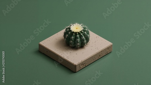 Cactus With a Flower Sits in a Gray Pot on a Light Blue Background
