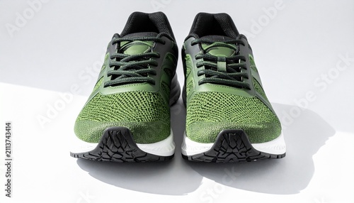Pair of bright green athletic shoes with mesh uppers, green laces, black soles with white accents, top‑down view on clean white background, vibrant sportswear product design showcase.