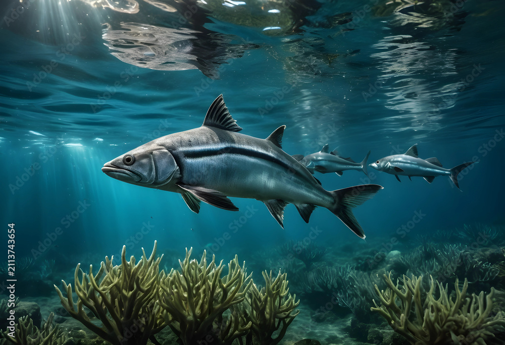 Fototapeta premium Capelin fish swimming underwater near coral reef
