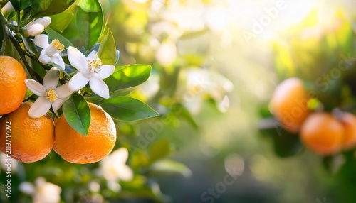branch of orange trees with blossoms on blurred sunny background in garden