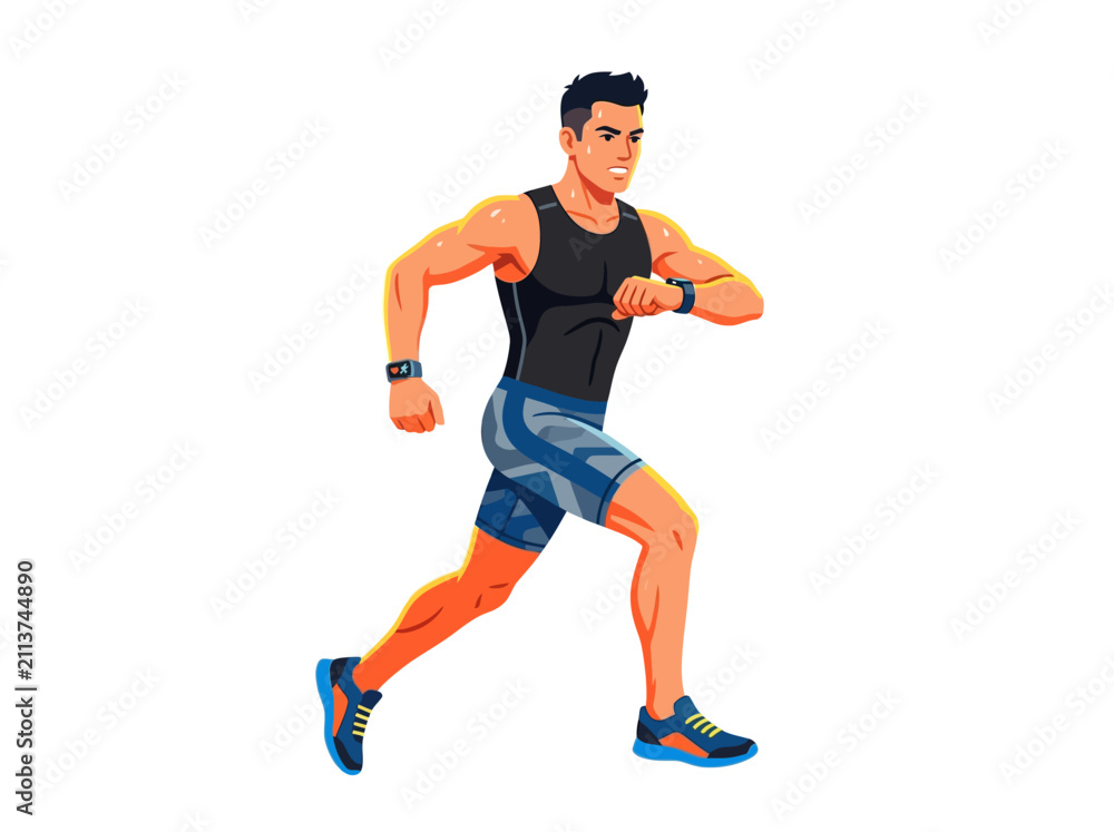 Fototapeta premium Active Man Running With Smartwatch Checking Fitness Progress