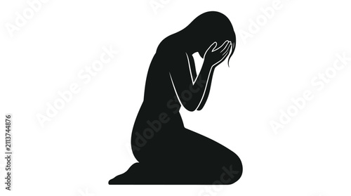 Sad woman silhouette sitting on knees covering face with hands in clean black vector graphic illustration