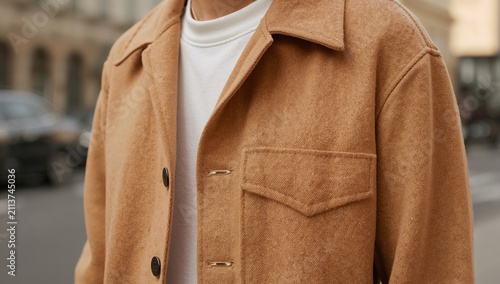 Fashion Display of Brown Outerwear Worn by a Person on a City Street During t...