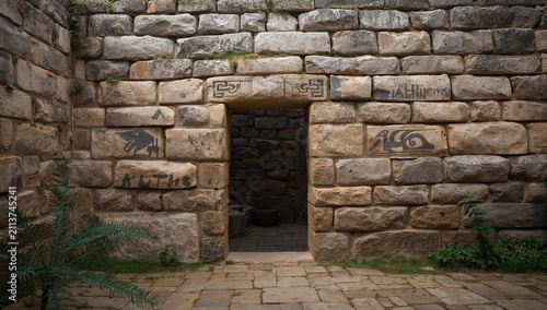 Ancient Stone Structure With Symbols Located in a Historical Site During the Day