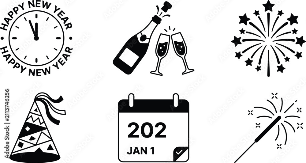 Fototapeta premium Set of new year celebration icons including clock, champagne, fireworks, party hat, and calendar