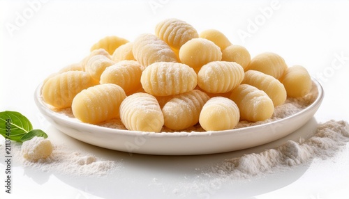 fresh uncooked gnocchi pasta isolated showing classic ridged texture handmade appearance and dusted with flour on a white background