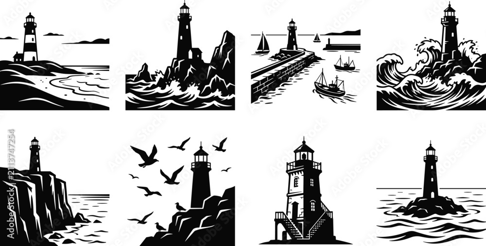Obraz premium Coastal Lighthouse Silhouette Collection with Ocean Waves Cliffs Harbor and Maritime Landscape Scenes