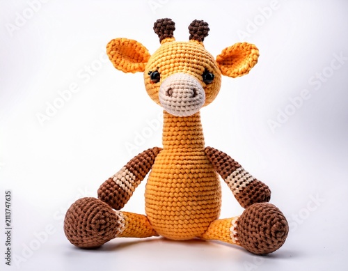 cute crocheted giraffe toy isolated on white background