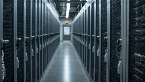 Data Center Hallway Filled With Server Racks in a Large Facility During the Day