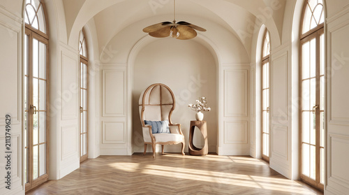 Elegant Groin Vault Hallway with Porter's Chair, Arched Windows and Classic Paneling