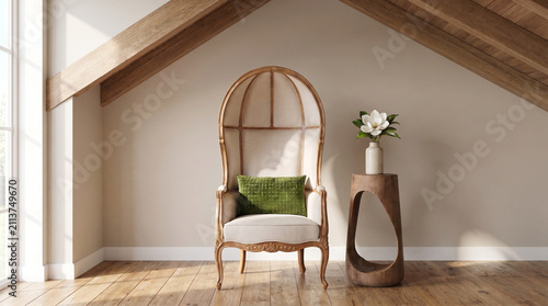 Minimalist Luxury Reading Nook with Porter's Chair Under Vaulted Wood Ceiling